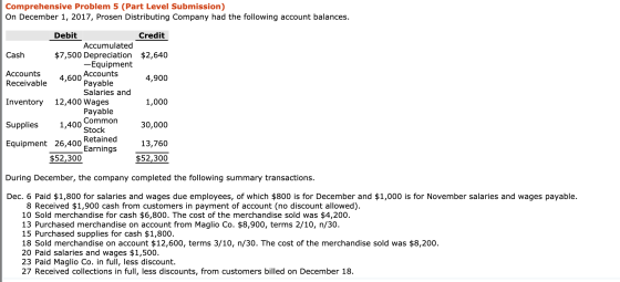 Comprehensive Problem 5 (Part Level Submission) On December 1, 2017, Prosen Distributing Company had the following account ba