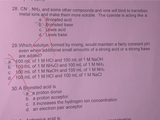 28. CN, NH3, and some other compounds and ions will bind to transition metal ions and make them more soluble. The cyanide is