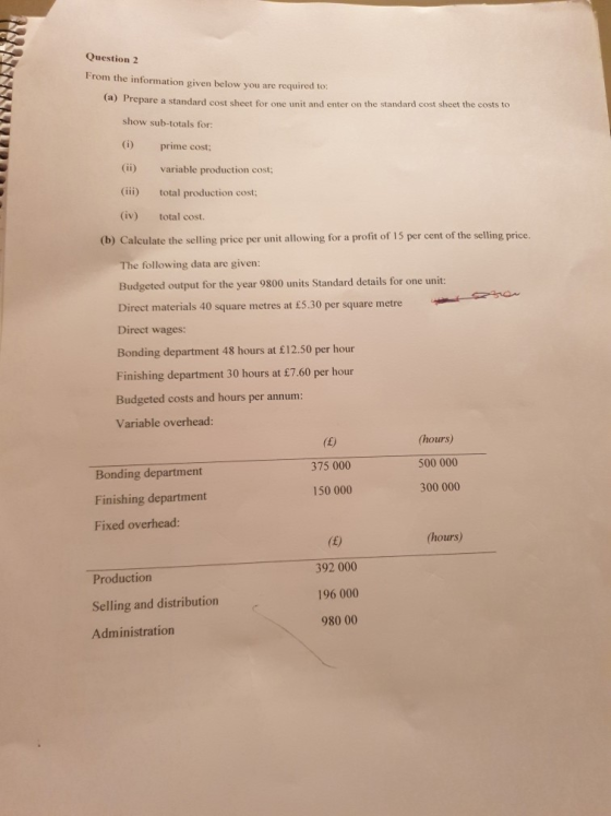 TIR Question 2 From the information given below you are required to (a) Prepare a standard cost sheet for one unit and enter
