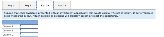 Req 1 Req 2 Req 3A Req 3B Assume that each division is presented with an investment opportunity that would yield a 7% rate of