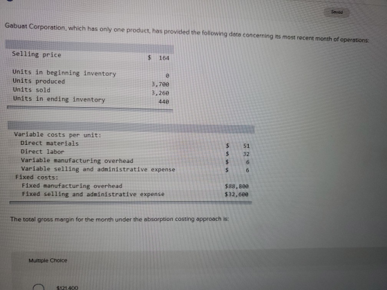 Saved Gabuat Corporation, which has only one product, has provided the following data concerning its most recent month of ope