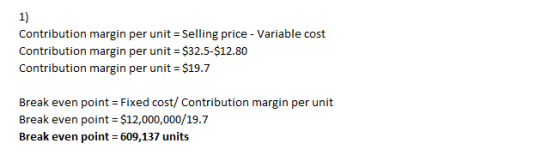 Contribution margin per unit = Selling price - Variable cost Contribution margin per unit = $32.5-$12.80 Contribution margin