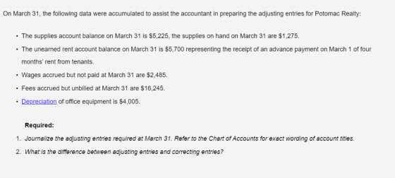 On March 31, the following data were accumulated to assist the accountant in preparing the adjusting entries for Potomac Real