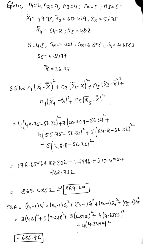 Given, D, = 4,92=7, 03=4; Au=5;15=5 X = 49.75, 72 = 60.1429 ; X 3 = 55.75 Ty = 64-2; X8=488. Sir4:S, 52=7.221, 53-6.8981, Sy=