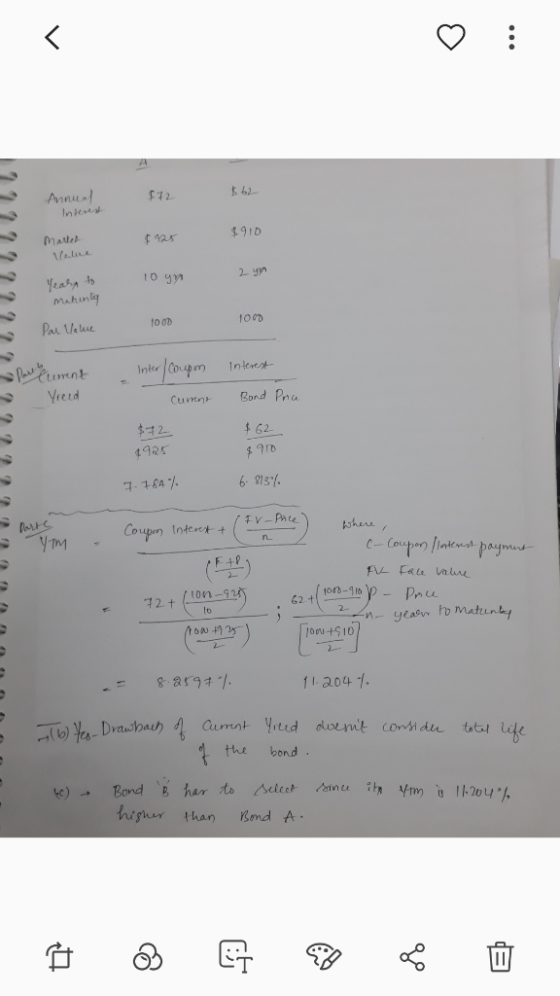 $12 $62 Annual Interest 6925 $910 mater value 10g 2 yn Yeary to Matinta Par Value 1000 1007 Interest Par Current Yreed Inter/
