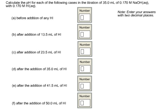 Image for Calculate the pH for each of the following cases in the titration of 35.0 mL of 0.170 M NaOH(aq), with 0.170 M