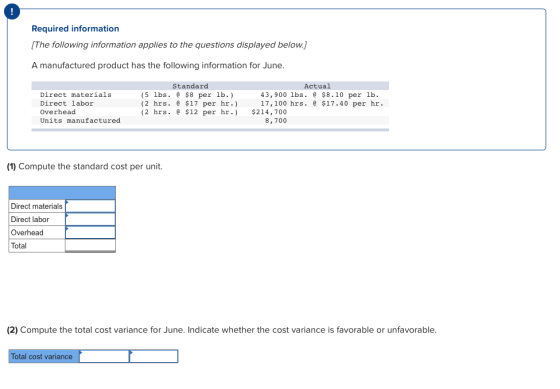 Required information [The following information applies to the questions displayed below.) A manufactured product has the fol