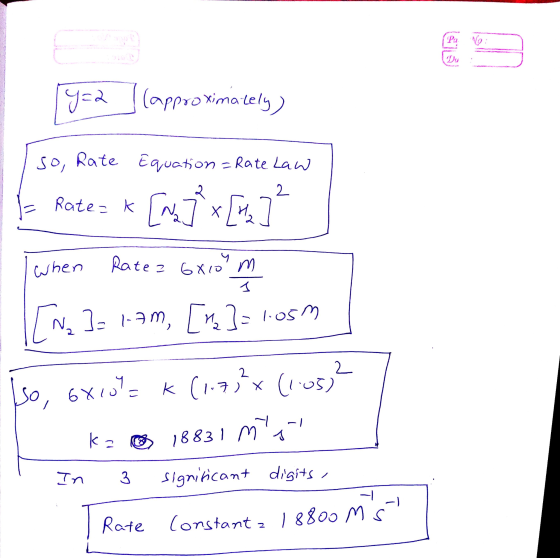 y=2 (approximately) so, Rate Equation = Rate Law l Rate= k [m] x [x2] I when Rate = 6X100 m [Na]= 1.7m, [2] = 105m 1So, 6x10