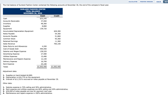 CALCULATOR PRINTER VERSION <BACK NEXT The trial balance of Sunland Fashion Center contained the following accounts at Novembe