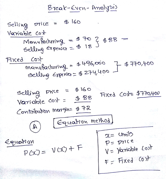 BTcak-Even- Amalysis Sellino otice = $160 Vomahle co $38- Solang Expensos φ 18 iiced Covh UQ Expense, 274/ 400 selling Pice = $16 Variable colh: 3 88 mrd Cots $770사00 キ-Fixed Co