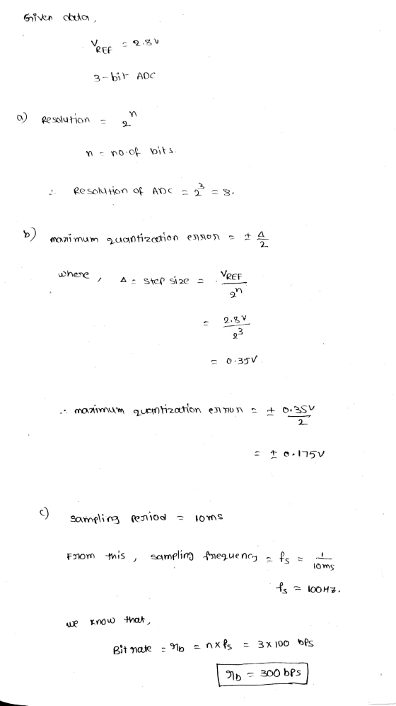 Given data, KREP - 2.80 3-bit ADC a) Resolution - 2 nano. of bits. Resolution of ADC = 23 = 8. b) manimum quantizcetion erron
