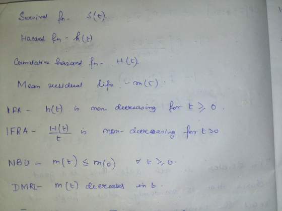Survival for S(+).. Hazred fn-h(E) Cumulative hazard fr. H(E). Mean residual life. – m(t) PER - n(t) is non decreasing for t
