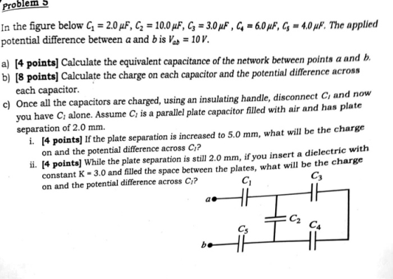 Problem 5 In the figure below C1 2.0 μF, G 10.0pE, C3 3,0 μF , C.-6.0 μF.G-4.0 μ. The applied potential difference between a