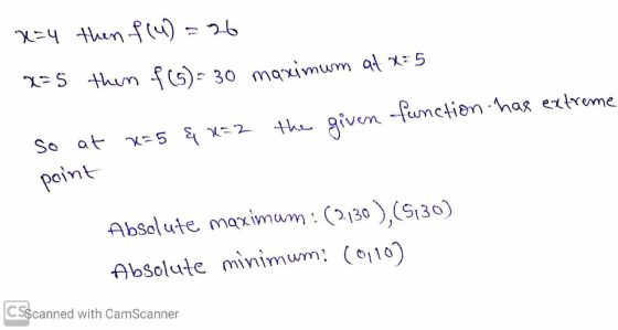 x=4 then f() = 26 x=5 then f() = 30 maximum at x = 5 so at x = 5 & 1=2 the given function has extreme point Absolute maximum