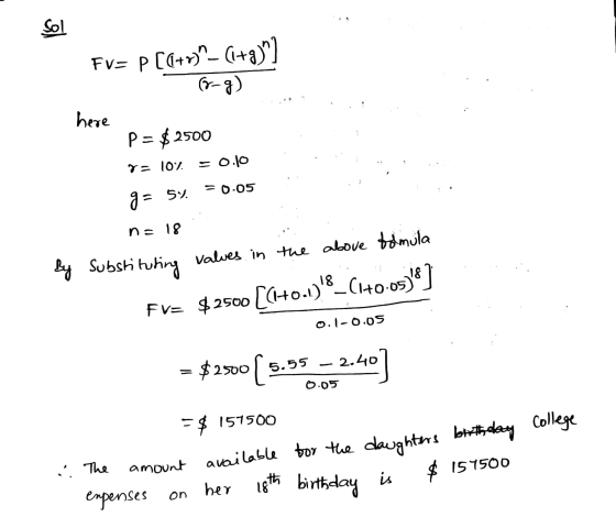 Fv= p [(+7)^^ (1+3)] here here P= $ 2500 r = 10% = 0.10 ! g= 54. = 0.05 na 18 By Substituting values in the above fomula Fv=