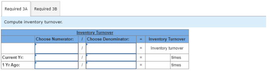 Required 3A Required 3B Compute inventory turnover. Inventory Turnover Choose Denominator: Choose Numerator: = Inventory Turn