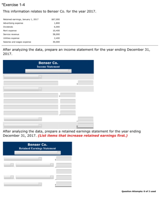 *Exercise 1-4 This information relates to Benser Co. for the year 2017. Retained earnings, January 1, 2017 Advertising expens