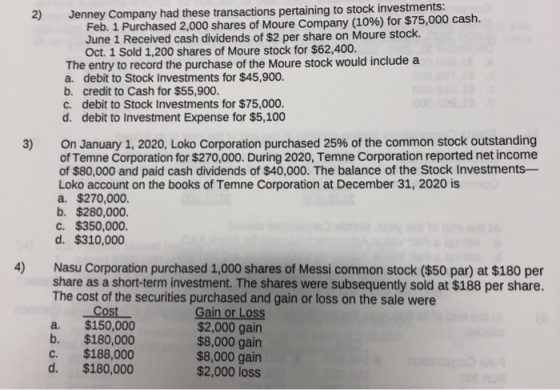 Jenney Company had these transactions pertaining to stock investments: Feb. 1 Purchased 2,000 shares of Moure Company (10%) f