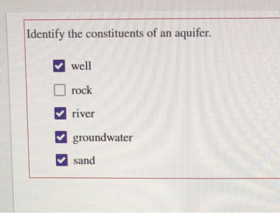 Identify the constituents of an aquifer. well rock river groundwater sand