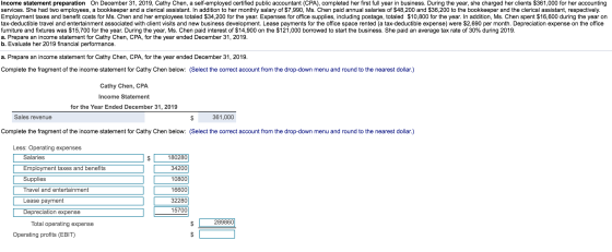 Income statement preparation On December 31, 2019, Cathy Chen, a self-employed certified public accountant (CPA), completed h