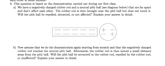 9. This question is based on the demonstration carried out during our first class. a) We have a negatively charged rubber rod and a neutral pith ball (see diagram below) that are far apart and dont affect each other. The rubber rod is then brought near the pith ball but does not touch it Will the pith ball be repelled, attracted, or not affected? Explain your answer in detail b) Now assume that we do the demonstration again starting from scratch and that the negatively charged rubber rod touches the neutral pith ball. Afterwards, the rubber rod is then moved a small distance away from the pith ball. Will the pith ball be attracted to the rubber rod, repelled by the rubber rod, or unaffected? Explain your answer in detail.