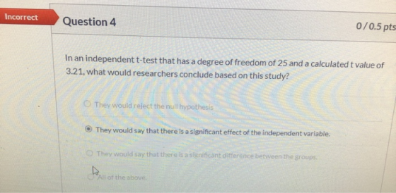 Incorrect Question 4 0/0.5 pts In an independent t-test that has a degree of freedom of 25 and a calculated t value of 3.21,