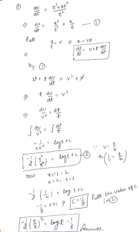- 2 + xt 2. V ) 2 evt. by 0 $ + + av = V2 + y at 3 = sono state 2 t = logeth les a lot tej st.) 7 Vien now x(1)=2 x=2, t=1 -