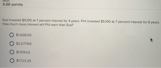value: 3.00 points Sue invested $5,100 at 7 percent interest for 4 years. Phil invested $5,100 at 7 percent interest for 8 years. How much more interest will Phil earn than Sue? O $1,428.00 O $2,07769 O $1,109.02 $1,723.29
