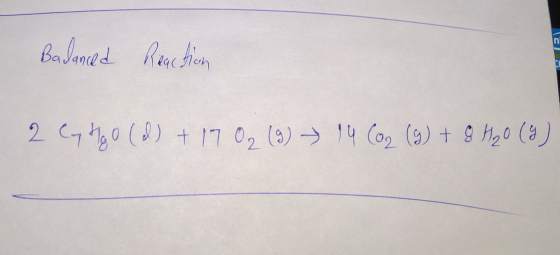 Badanced Reaction 2 Cyngo(d) + 17 02 (9) > 14 Co2 (9) + 8 H₂O (9)