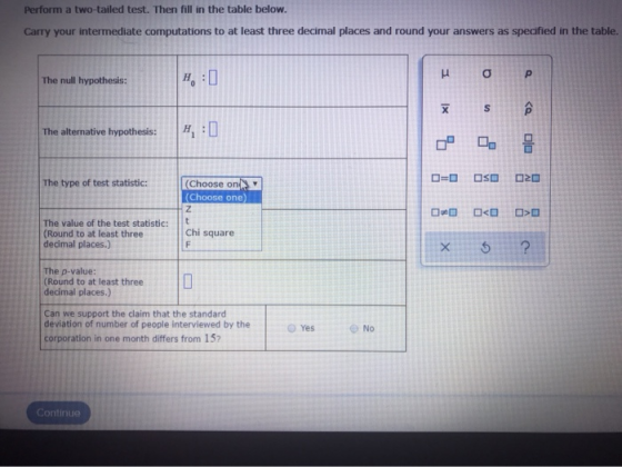 Perform a two-tailed test. Then fill in the table below. Carry your intermediate computations to at least three decimal place
