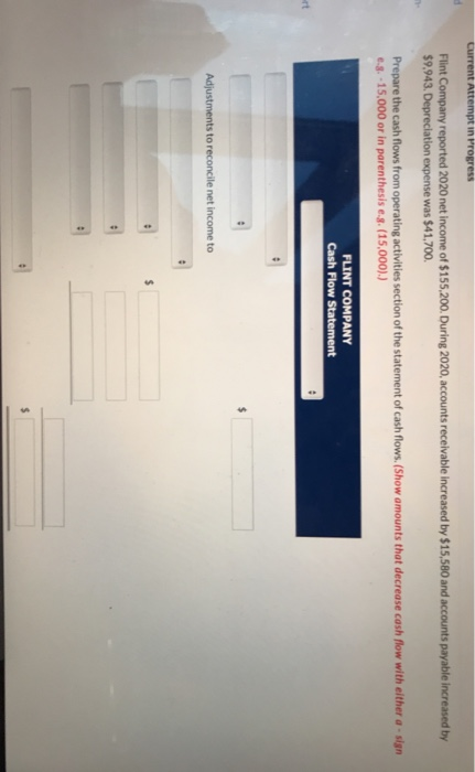 Current Attempt in Progress Flint Company reported 2020 net income of $155,200. During 2020, accounts receivable Increased by