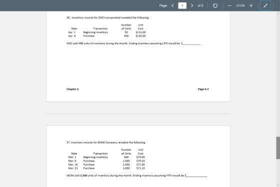 Page 4 of 5 - ZOOM + 36. Inventory records for DAD Incorporated revealed the following: Number of Units Date Apr. 1 Apr. 4 Tr