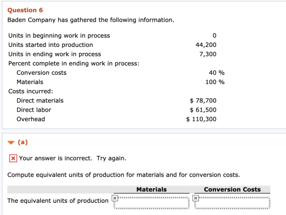 Question 6 Baden Company has gathered the following information. 44,200 7,300 Units in beginning work in process Units starte