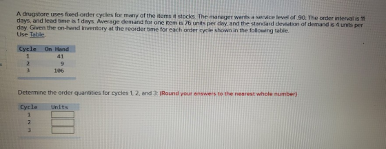 A drugstore uses fixed-order cycles for many of the items it stocks. The manager wants a service level of 90. The order inter