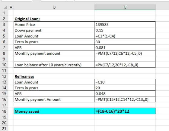 А B с 1 2 3 4 5 6 7 8 9 10 11 Original Loan: Home Price Down payment Loan Amount Term in years APR Monthly payment amount 139