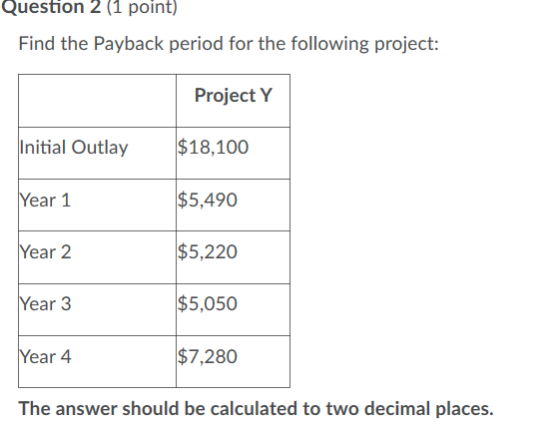Question 2 (1 point) Find the Payback period for the following project: Project Y Initial Outlay $18,100 $5,490 Year 1 Year 2