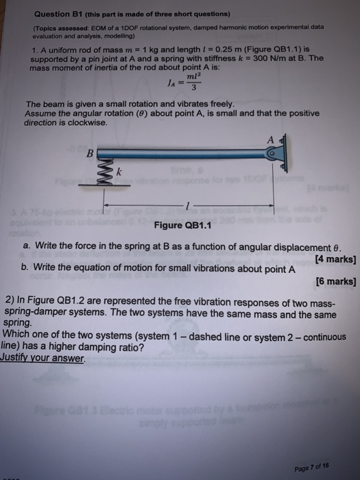 Question B1 (this part is made of three short questions) (Topics assessed: EOM of a 1DOF rotational system, damped harmonic m