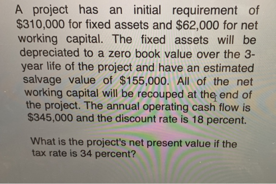 A project has an initial requirement of $310,000 for fixed assets and $62,000 for net working capital. The fixed assets will