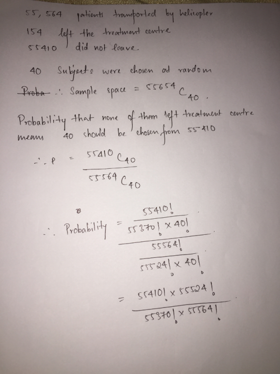 ss41did not loauve 40 Probability that none of them e4 Ancotment cewtr e menun 40 should be丿chosenfom SS-410 64 千。 SS410 .,, ,probability = 1 5556 41 CTS-241 401 Sr4101x SS504 SS31 x STS64)