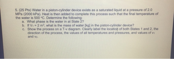 5. (25 Pts) Water in a piston-cylinder device exists as a saturated liquid at a pressure of 2.0 MPa (2000 kPa). Heat is then