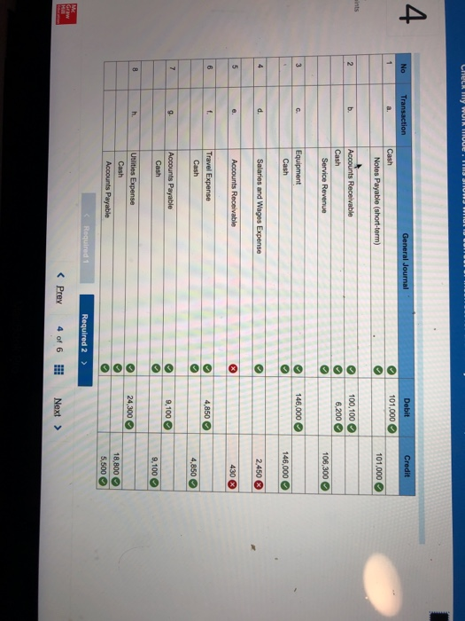 CHECK MY WIL HUE. 11 4. No Transaction General Journal Credit Debit 1 a. 101.000 Cash Notes Payable (short-term) oo 101,000 a