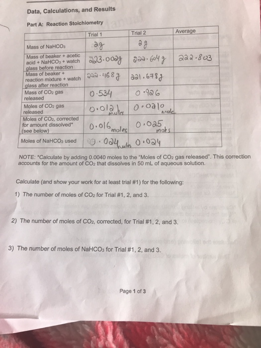 Data, Calculations, and Results Part A: Reaction Stoichiometry Trial 2 Average Trial 1 Mass of NaHCO Mass of beaker +acetic a