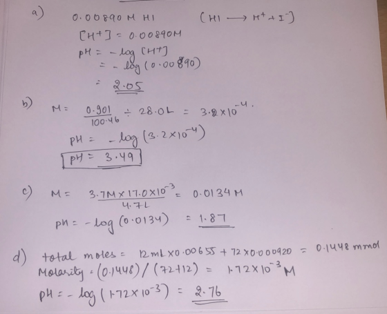 H+ + I) 0.00890 MHI CHI CH+] = 0.00890M pH = a log CHT] - log (0.00890) 2.05 M= 0.901 - 28.04 = 3.9x10 100.46. pH = -log (3.2