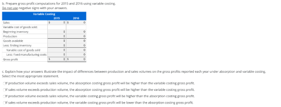 b. Prepare gross profit computations for 2015 and 2016 using variable costing Do not use negative signs with your answers, Va