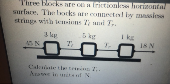 Three blocks are on a frictionless horizontal surface. The bocks are connected by massless strings with tensions T, and Tr. 3