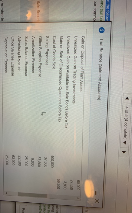 4 of 5 (4 complete) d the follow -end trial ba -par commo Trial Balance (Selected Accounts) 60,000 27,550 3,800 59,200 Gain o