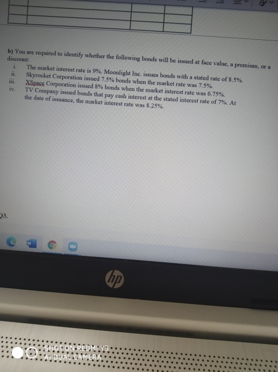 1. b) You are required to identify whether the following bonds will be issued at face value, a premium, or a discount: The ma