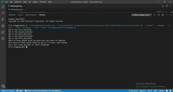 File Edit Selection View Go Debug Terminal Help childrengame.py - python - Visual Studio Code -ox childrengame.py X e childre