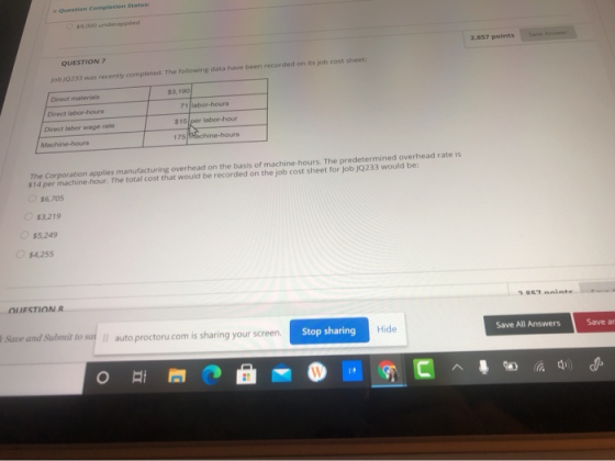 Question Completion Status: 9000 underapped 2.857 points QUESTION 7 Job 10233 was recently completed. The following data have