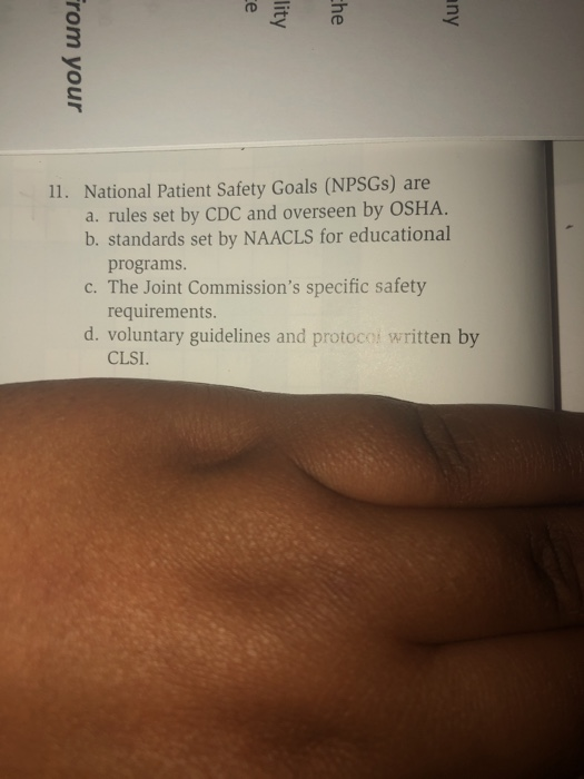 lity che any From your 11. National Patient Safety Goals (NPSGs) are a. rules set by CDC and overseen by OSHA. b. standards s